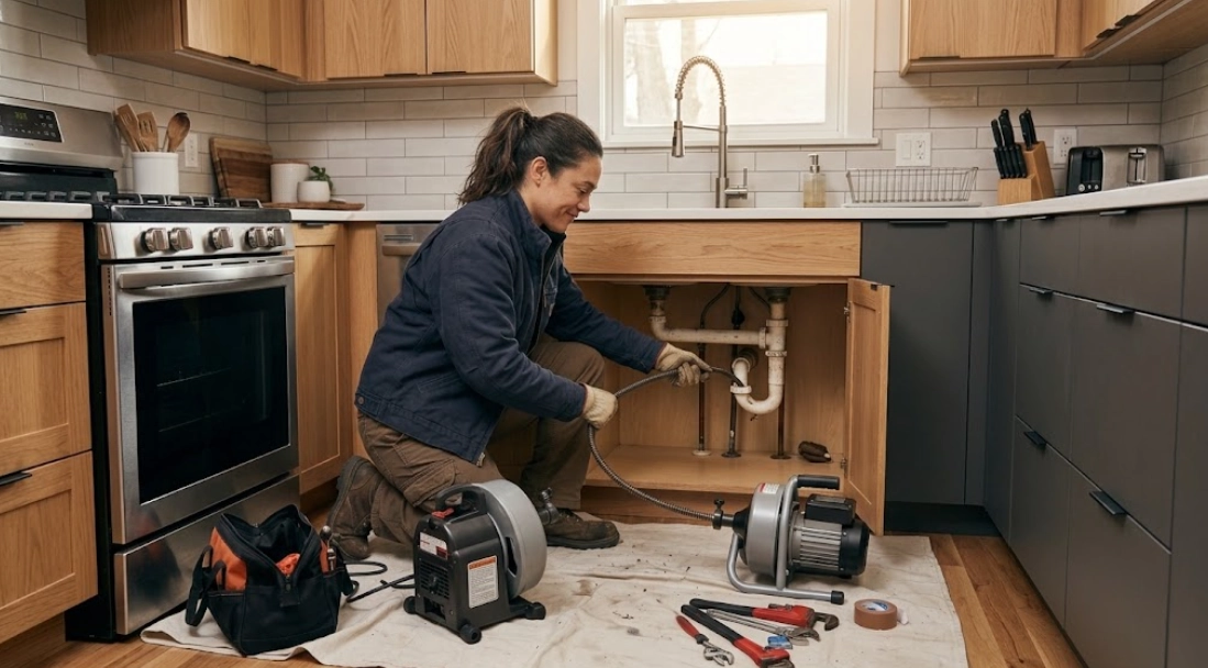 Plumber clearing a grease-clogged kitchen sink drain line using professional mechanical equipment in Wakefield Bronx