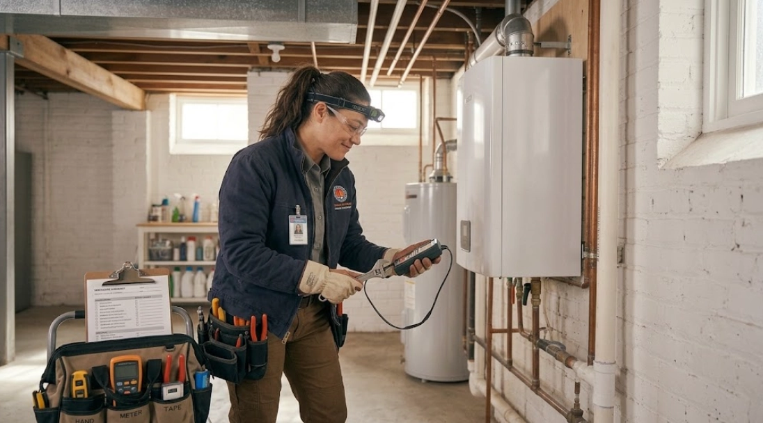 Professional technician inspecting a modern boiler heating unit in a residential basement