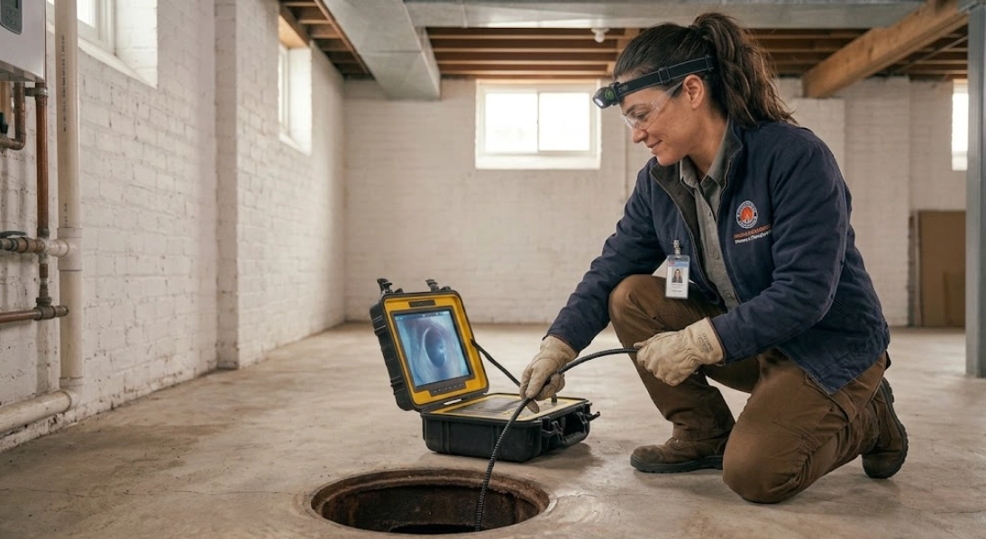 Plumber feeding a fiber-optic video inspection camera into an underground sewer lateral cleanout