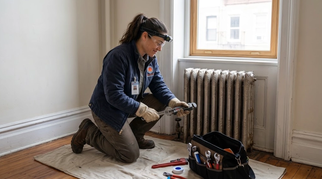 Plumber replacing a leaking steam radiator air vent valve on a cast-iron radiator
