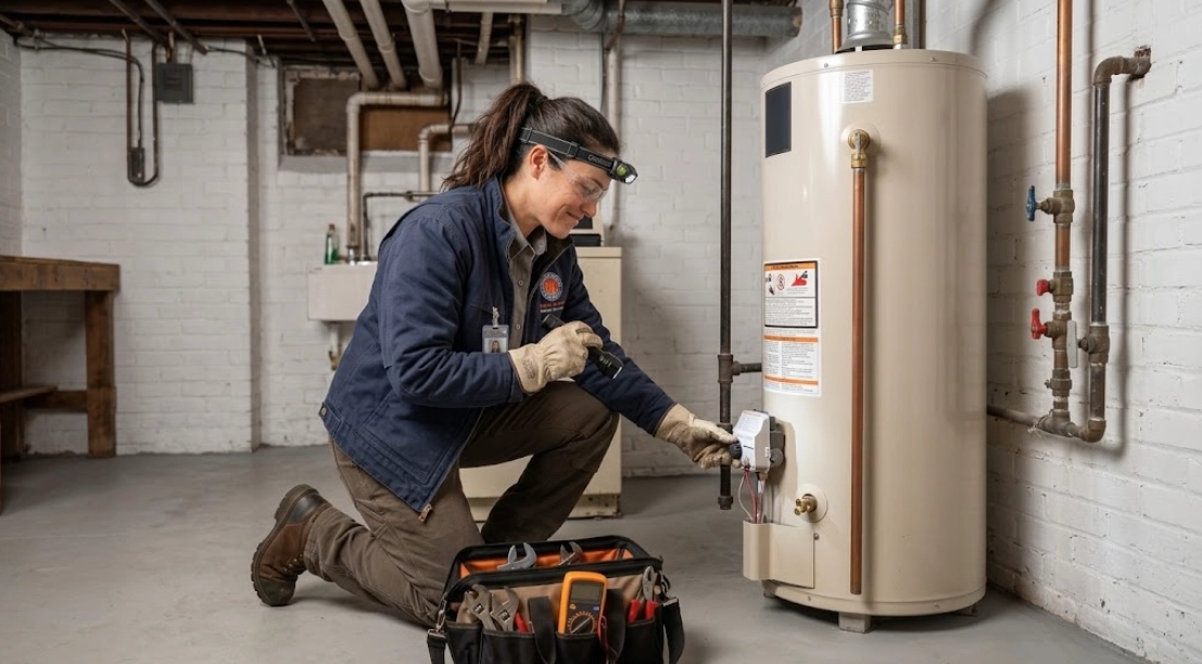 Plumbing technician testing burner controls on a residential water heater in Wakefield Bronx